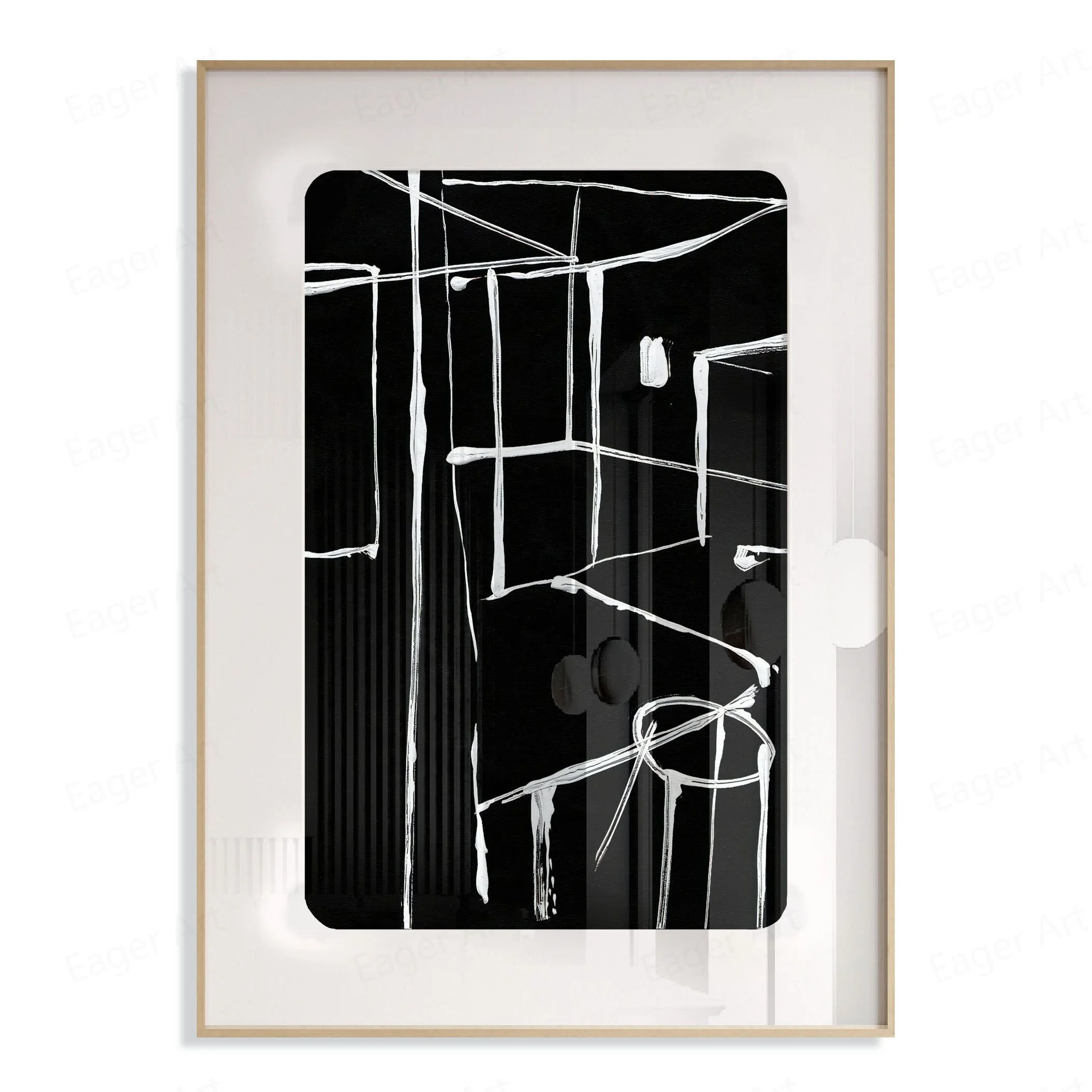 Printing Canvas Abstract Black Background and White Line Artwork Glass Clear Acrylic White Mat Paintings and Wall Arts Frescoes