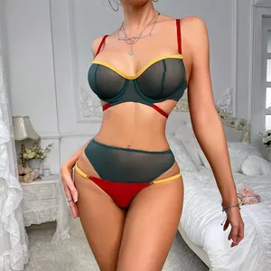 JENGS Fashion Design Contrast Color Sexy Mesh Steel Ring Bra Underwear Women's Two Piece Set