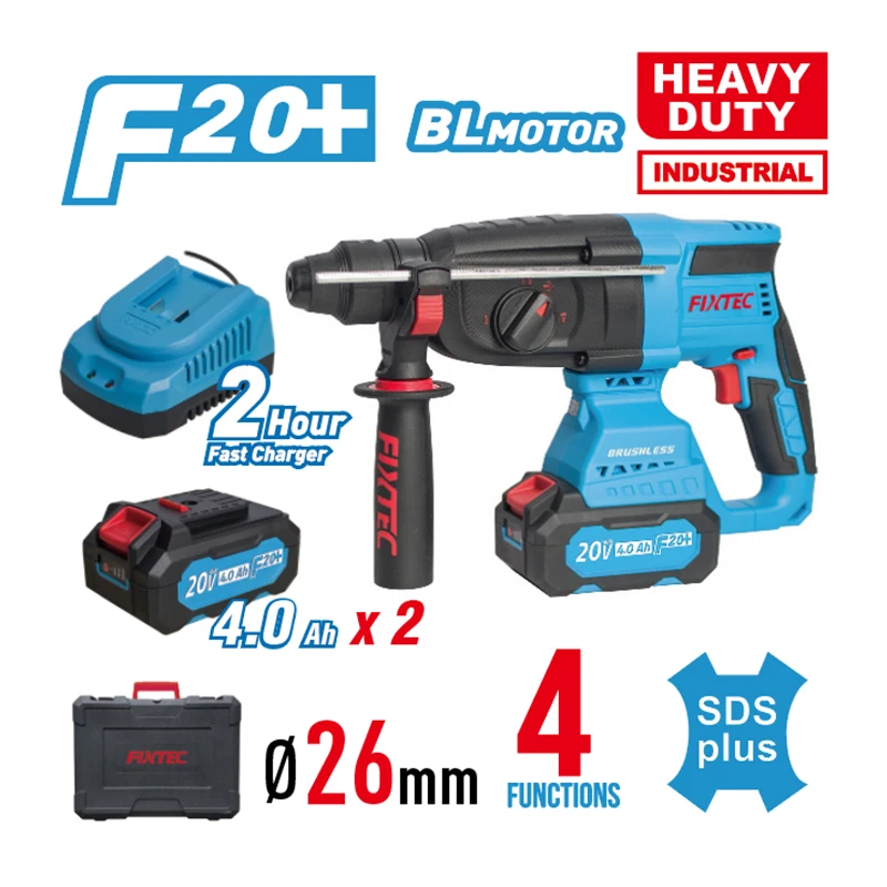 FIXTEC 20V Brushless Rotary Hammer 3.0J Impact Energy 2x4.0Ah Battery SDS Plus Cordless Drill Kit