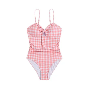 Girls Plaid Print Ruched Knot Front One-Piece Swimsuit Plus Size OEM Service Available