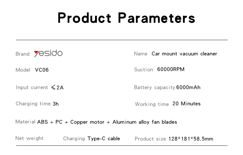 Yesido VC06 Low Power Consumption Support Inhale And Blow Handheld Design Car Mount Vacuum Cleaner