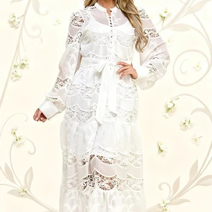 Ladies White Solid Maxi Lace Dress Crocheted Formal High Waist Lantern Sleeves Button Decoration Sweet Autumn Commuting Shopping