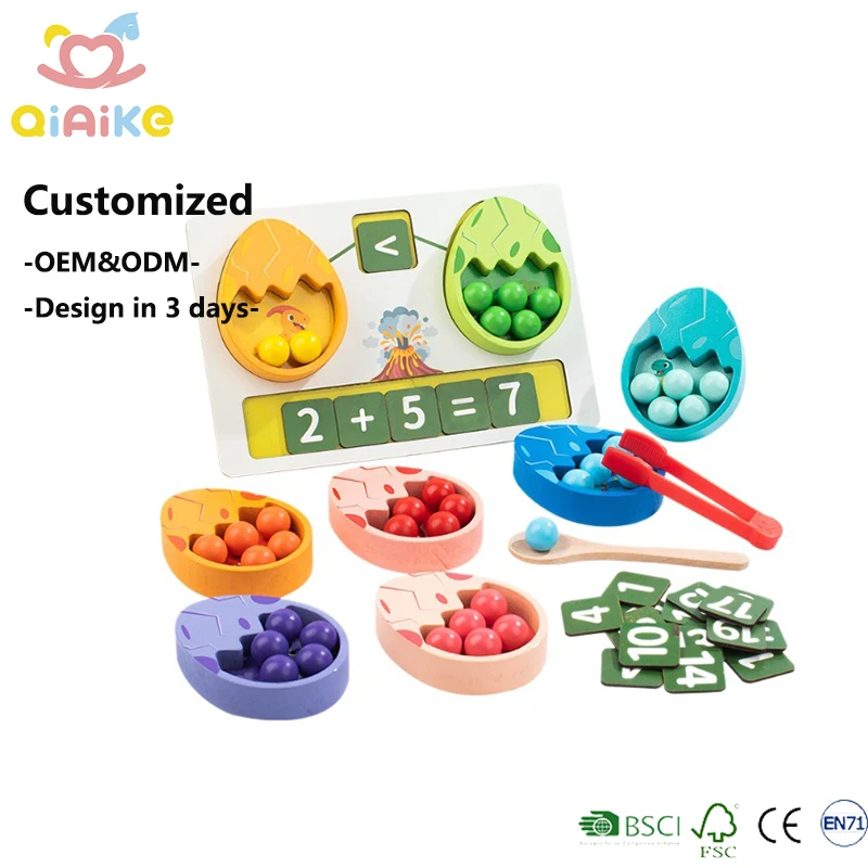 Qiaike, giocattoli Montessori ecologici per lo sviluppo della motricità fine, con clip colorate per ordinamento, perline a forma di uovo di dinosauro in legno, giocattolo per il conteggio e la matematica per bambini piccoli, conforme alle norme CE e CPC