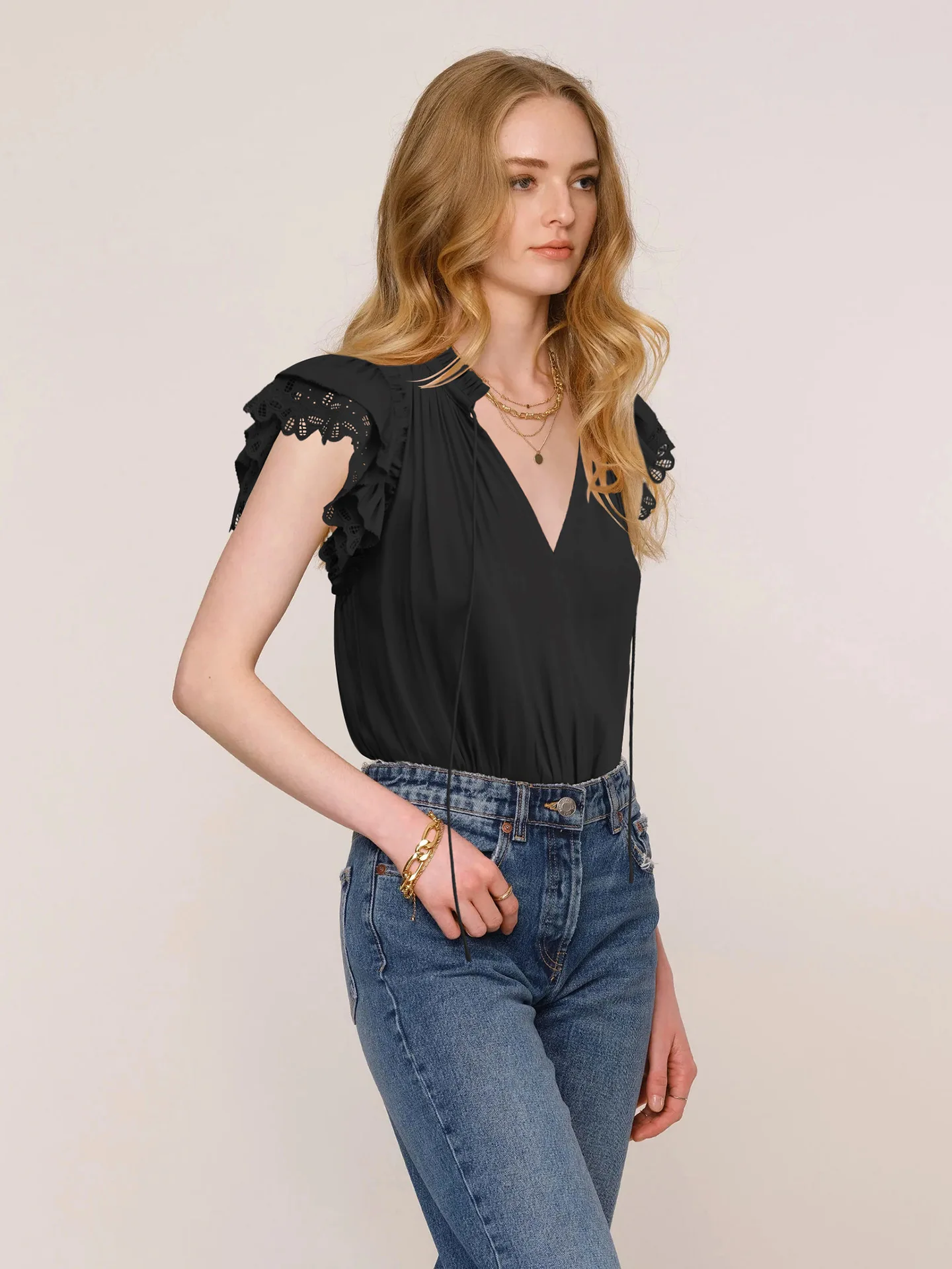 GMD 2023 Summer hot sale New V Collar lace-up flounce sleeve casual fashion women's clothing satin