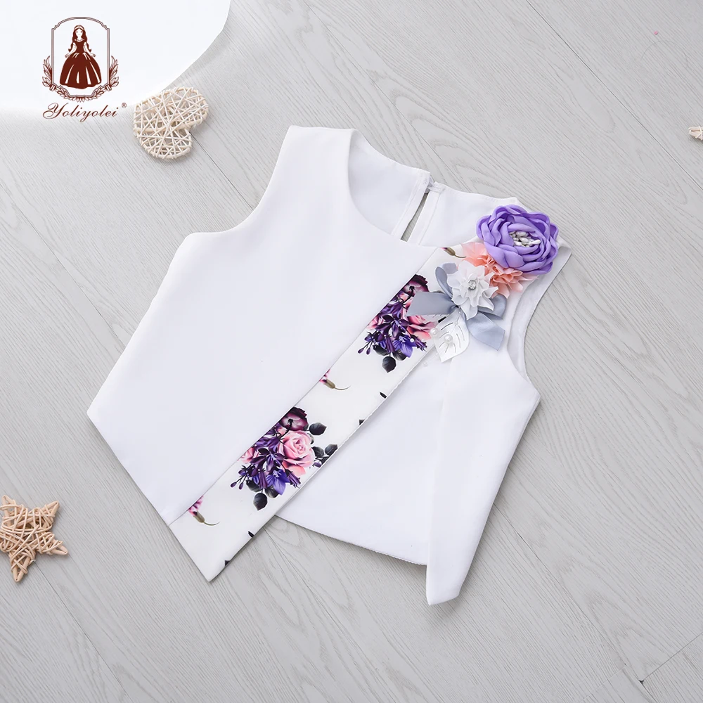 New Arrival Summer Fashion Sleeveless Pattern Blouse and Skirt Children Cloth Top& Skirt Girl Clothing Set With Solid Flower