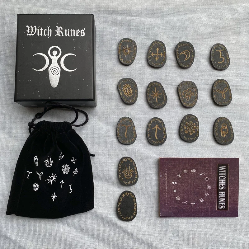 Engraved Wood Runes Stone Set - 13 PCS Witch Rune Symbols for