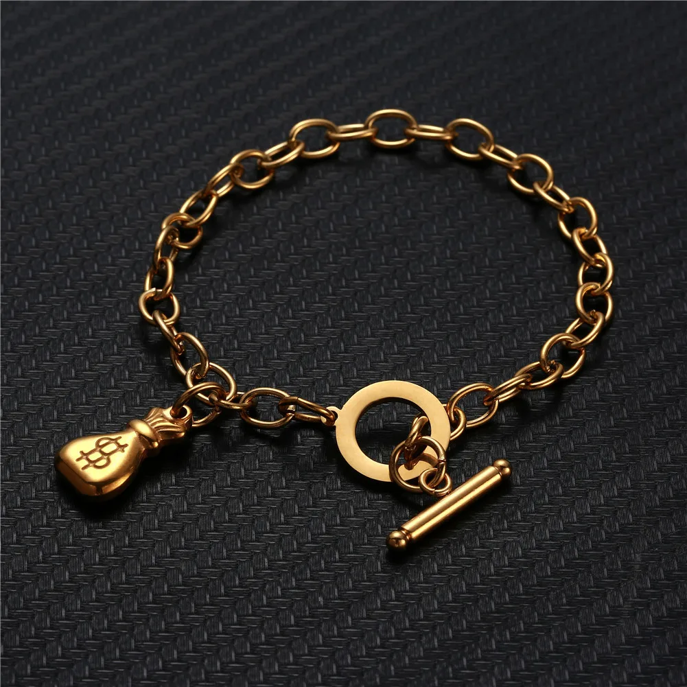 Stainless Steel Chain OT Clasp Toggle Bracelet Purse Dollar Symbol Ankh Charm Bracelet for Women Men Cross Jewelry