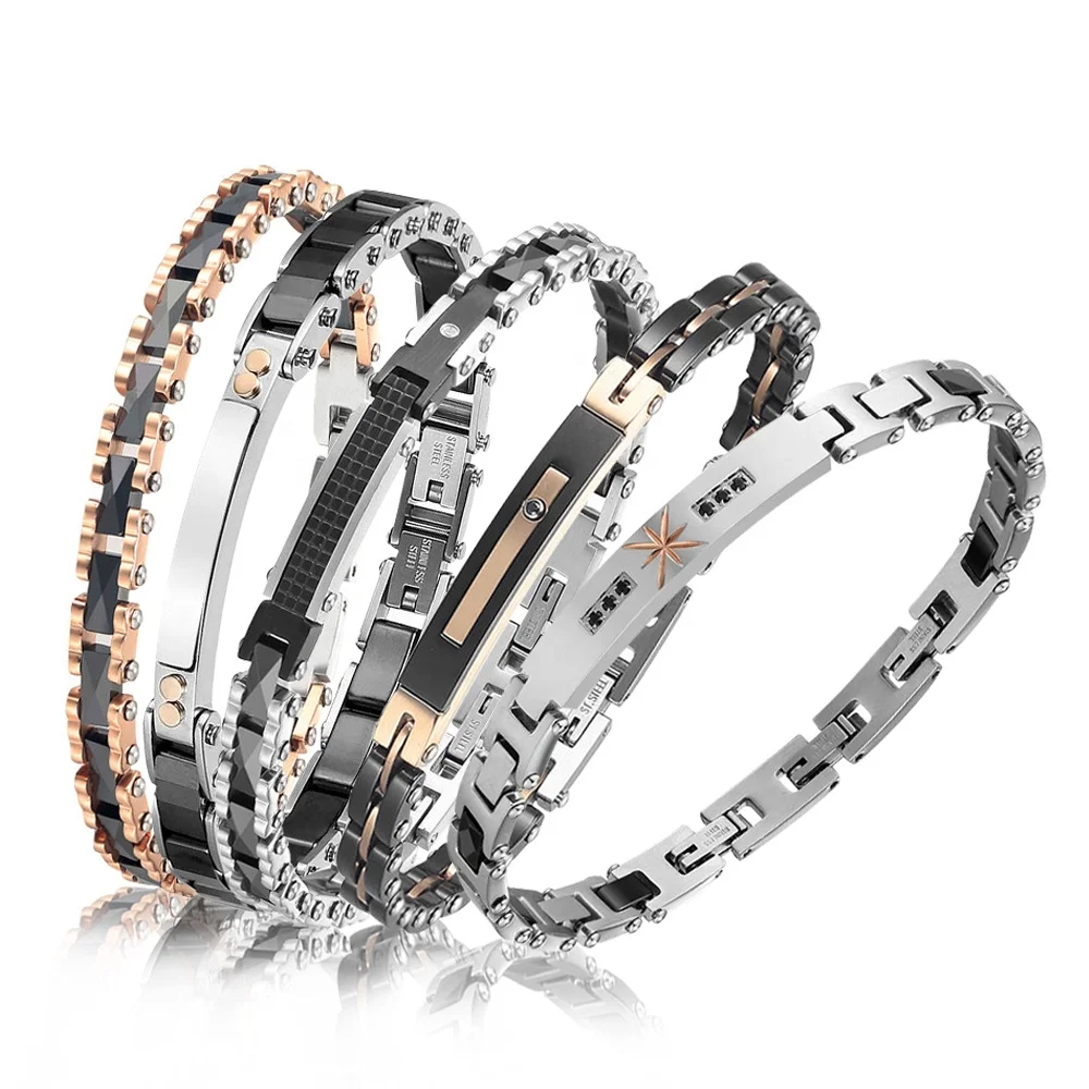 Fashion Jewelry Bracelets Luxury Stainless Steel Rose Gold Plated Black  Ceramic Steel Bracelet Men