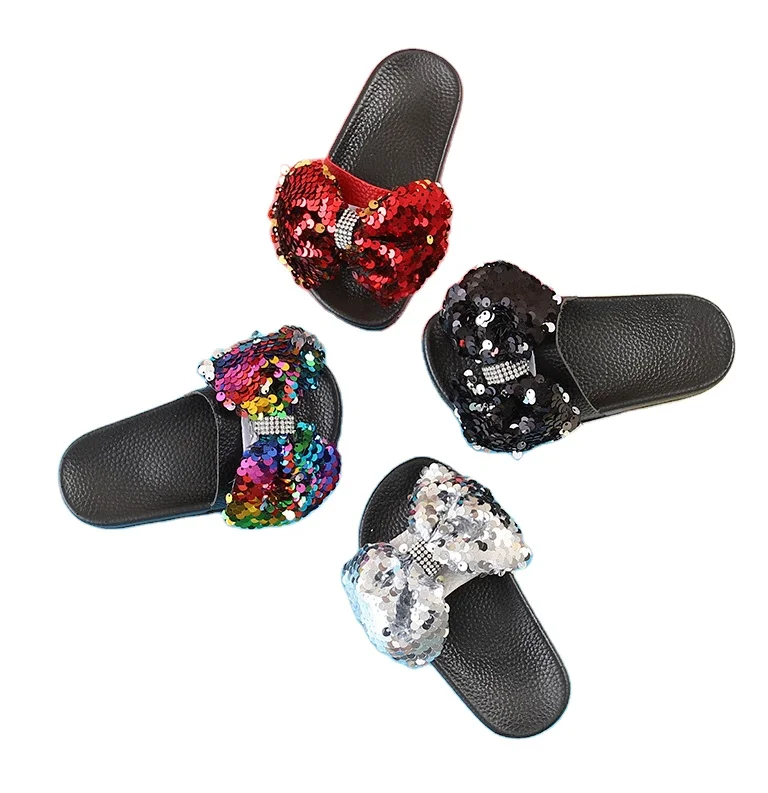 Модные детские тапочки с блестками и бантом домашняя одежда обувь для маленьких девочек