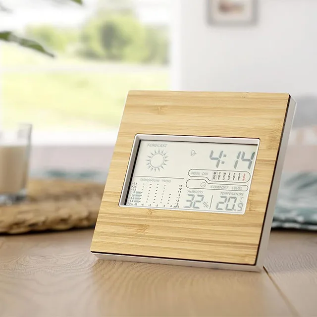 Bamboo Front Multi-functional Thermometer Temperature Humidity Calendar Weather Station Clocks