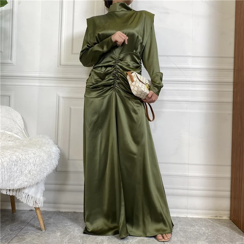 silk dress hijab Draped Satin Hijab Evening Dress with Flower Detail on the Shoulder Khaki 40