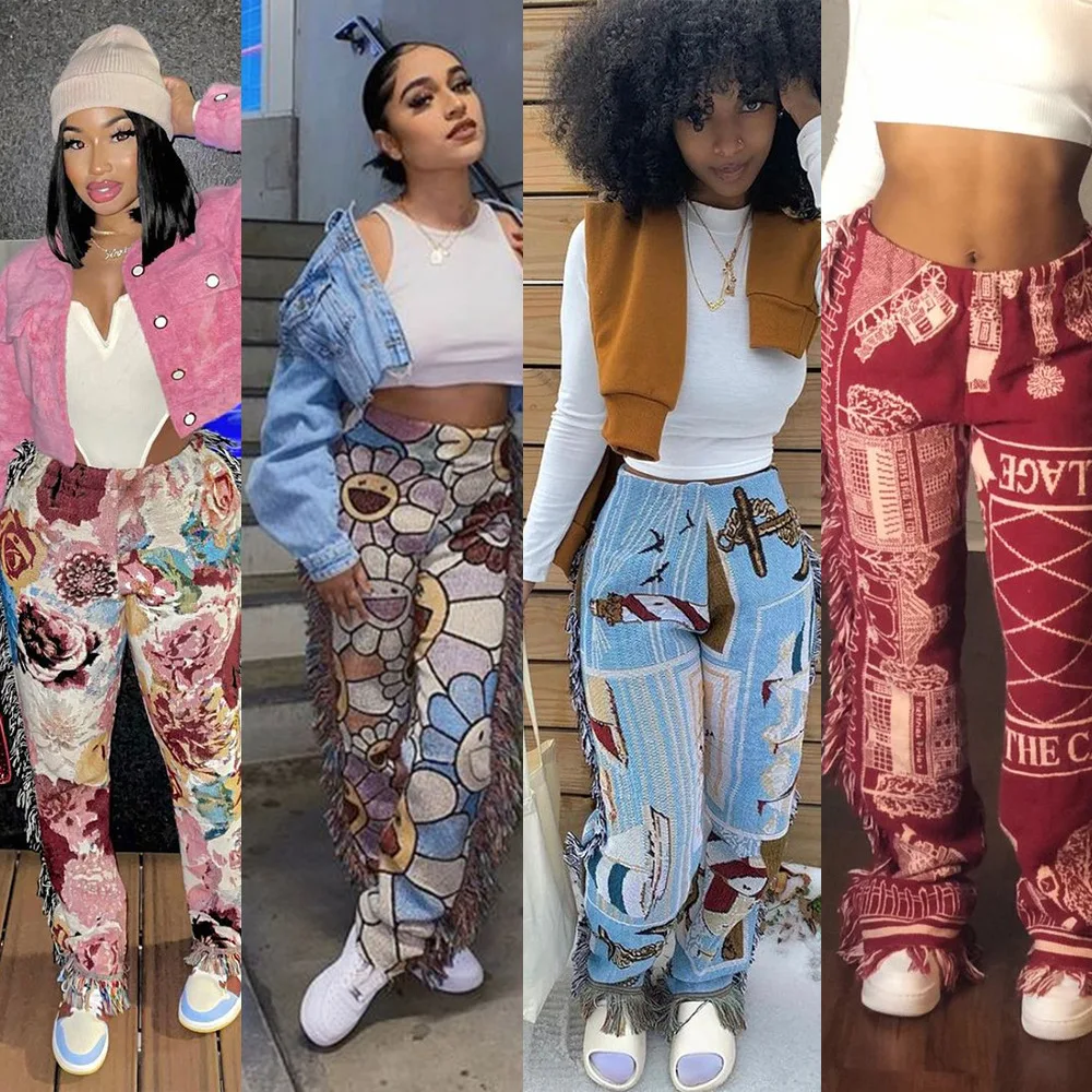 Side Tassels Patchwork Striped Print Jogger Pant Women Rave Festival Clothing 2021