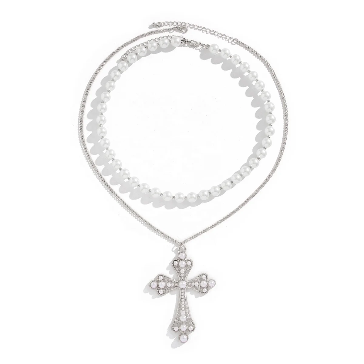 2024 Vintage White Pearl Beaded Necklace Gold Lace Cross Pendant 