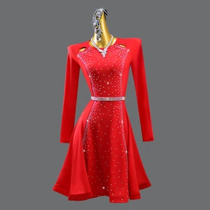 Red Rhinestone Long Sleeves Women Latin Dance Performance Dress Dance Costume Adult Latin Dress Dance Performance Exam
