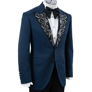 Men's Dress Fancy Suit Hot Sale Blue Jacquard Satin Lapel Formal Suite with Golden Beaded Plus Size and Breathable for Men