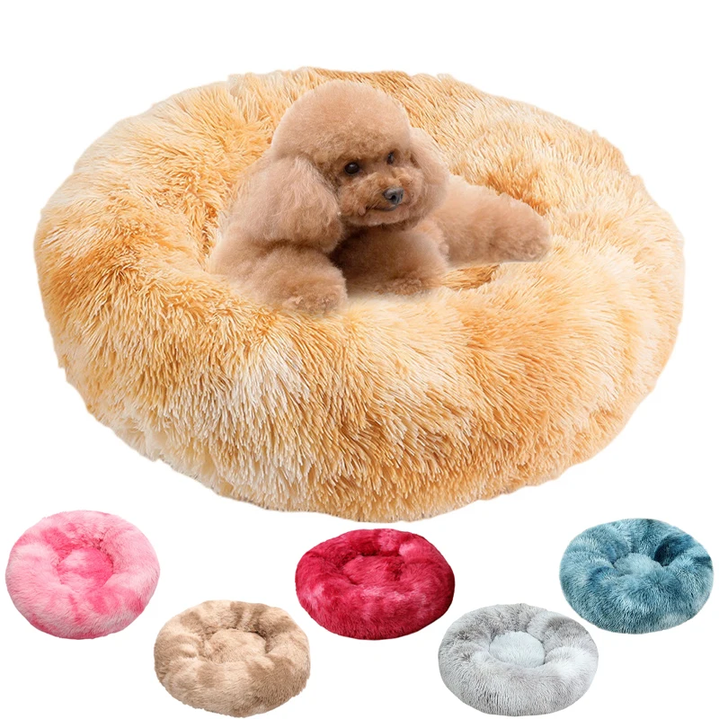 Wholesale custom plush fluffy faux fur round washable donut luxury pet dog bed