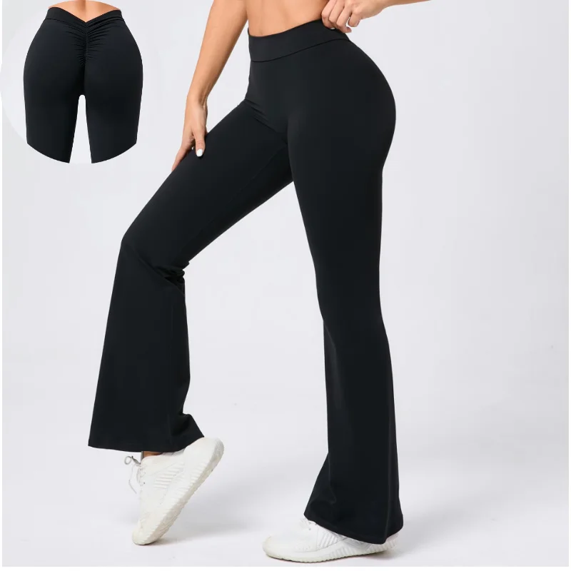 Individuelle Sportleggings Yogahose High-Waist Stulpenhose Nude Rücken-V-Schnitt Leggings Workout-Gym Flare Yogahose für Frauen