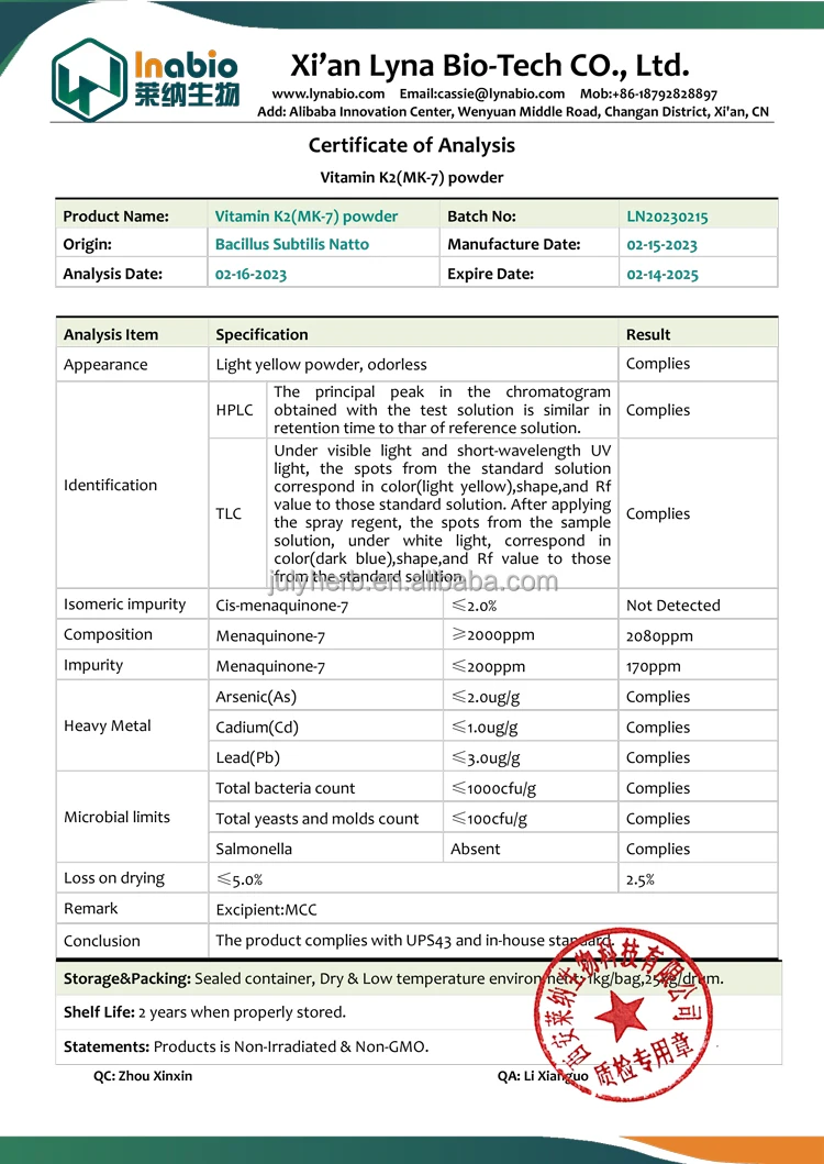 Julyherb factory offer 2000ppm natural Vitamin K2 MK7 bulk powder