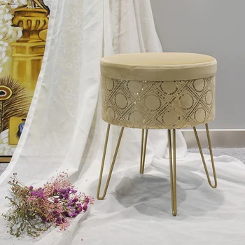 HStex Luxury Sequins Folding Velvet Gold Metal Legs Stool Modern Chair Seat Mirrored Ottoman