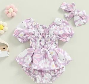 Flower Rabbit Printed Short-Sleeved Ha Dress Dress Hair Accessory