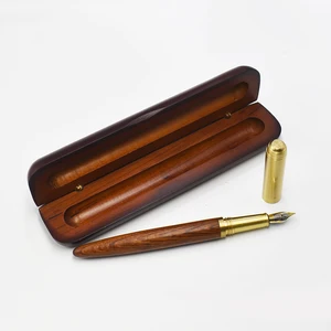 Customized Engraved Logo Brass Wood Fountain Pen Set With Wood Case