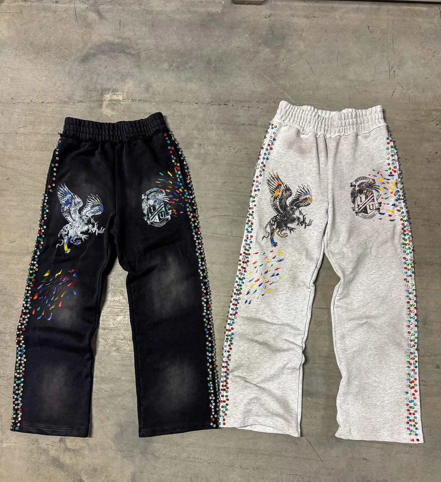 SlatiWholesale Custom 100% Cotton Knitted Men's Wide-Leg Sweatpants 250g Rhinestone Printed OEM Service Available