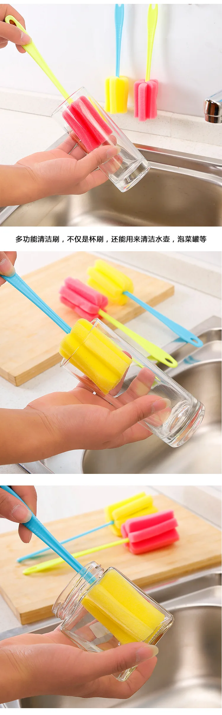 Popular 1Pcs Long Handle Glass Cleaning Brush Bottle Tea Cup Sponge Cleaner Kitchen Tool Sponge Brush Random Color