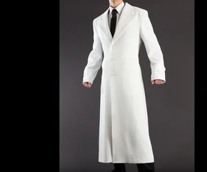 Autumn and Winter Men's Solid Color Coat Casual and Fashion Single Breasted Long Men's White Adjustable Waist Polyester Trench
