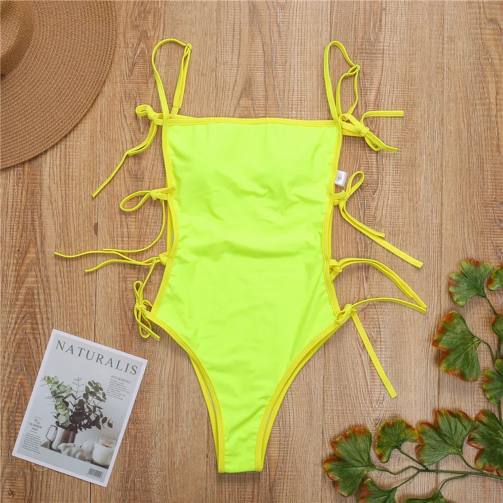 2023 New Solid Color Lace Up Swimsuit Bikinis Woman Beachwear One Piece Swimwear Yellow Sexy 6006