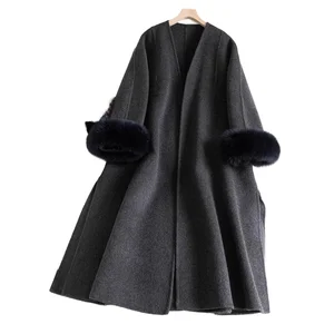 Customize OUDINA Fashion Warm Winter Coats Double-faced Fox Fur Regular Length Women's Wool Casual Belt Coat