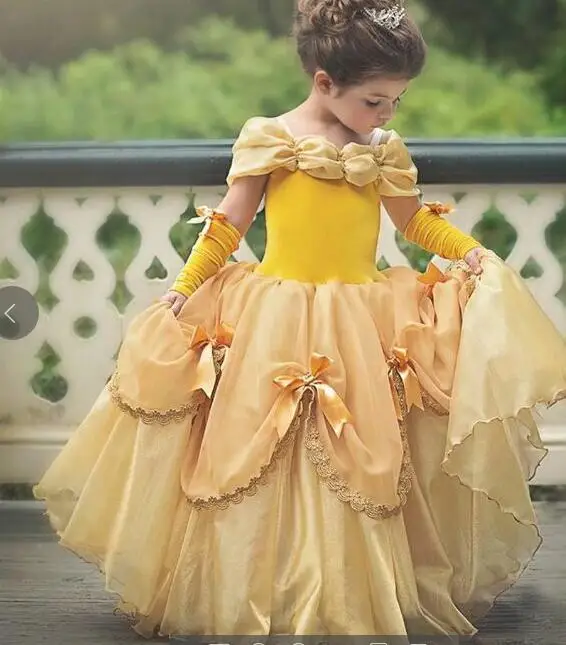 Little Girls Princess Dress Belle Costume Layered Off Shoulder Gown Party Dress 