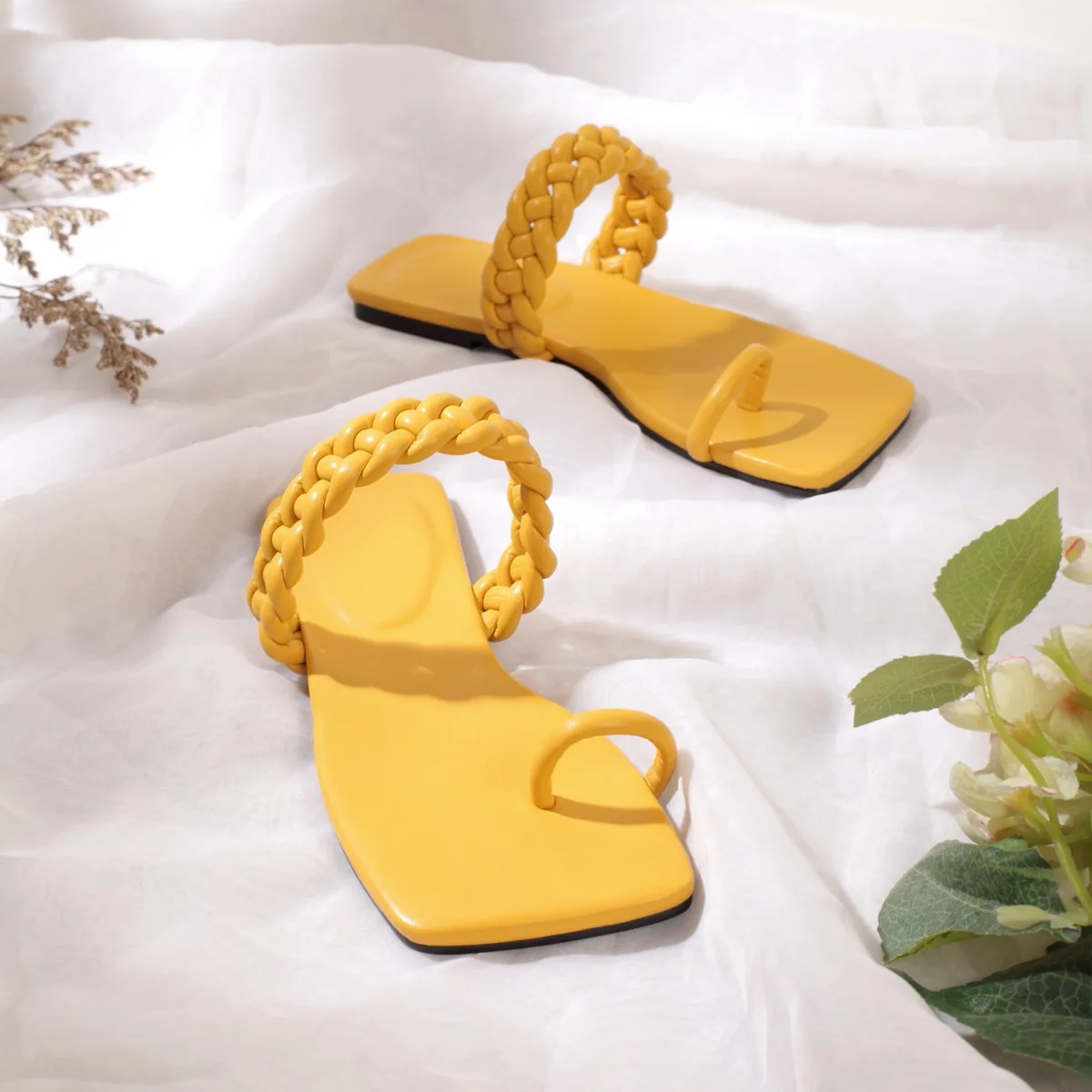 yellow box toe ring sandals