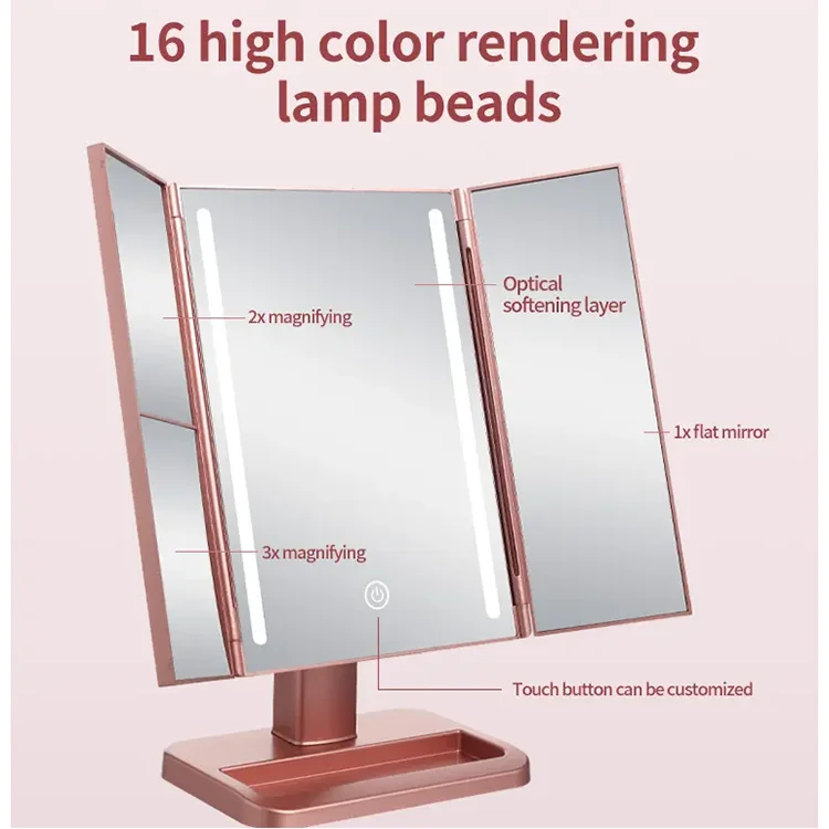 Miroir De Maquillage Vanity 3 Way Makeup Led Mirror Stand Desk Trifold
