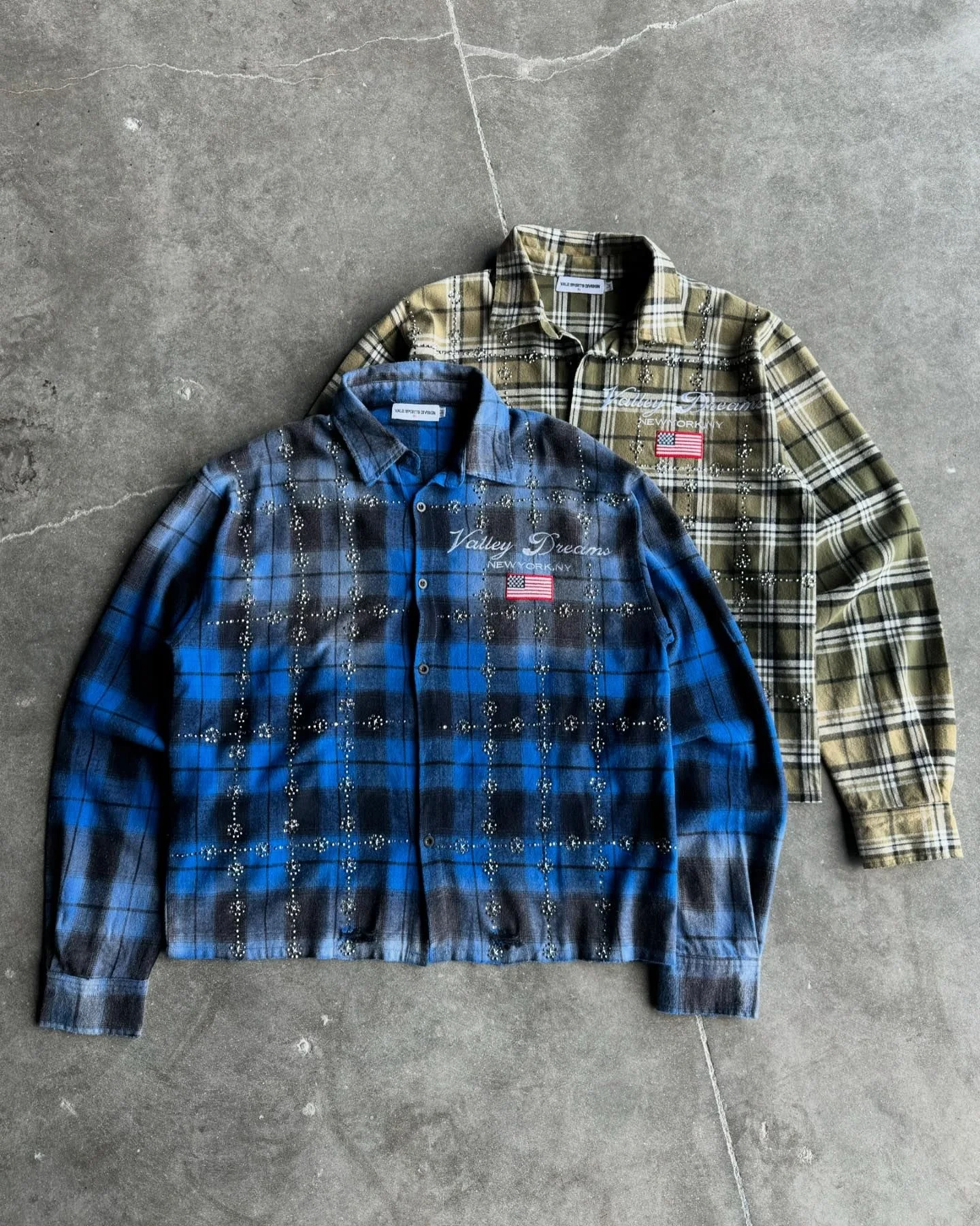 Salati Custom Crystal Oversized Long Sleeve Plaid Sun Faded T Shirts Rhinestone Button up T-shirt Acid Wash Men's Flannel Shirts gallery 3