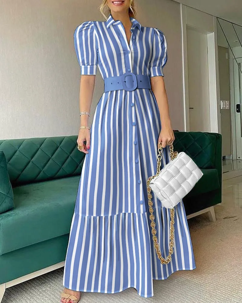 Summer Elegant Turn Down Collar Stripe Print Shirts Maxi Dress With ...
