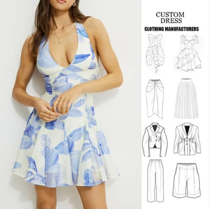 Custom Clothes Manufacturer Summer Floral Print  Ladies White Blue Casual Style Flared Halter Mini Dress