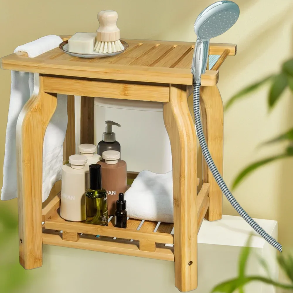 Custom Waterproof Bamboo Shower Bench Shower Foot Stool Corner Shower Stool with Storage Shelf Bathroom Accessories