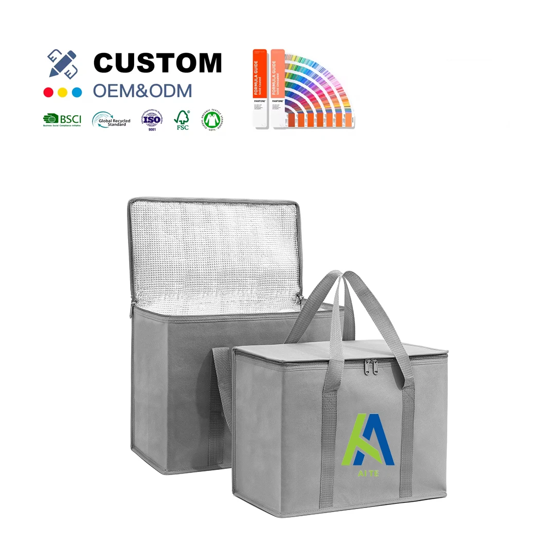 Custom Logo Print Non Woven Food Delivery Aluminum Foil Thermal Insulated Tote Lunch Bag Grocery Shopping Insulated Cooler Bag