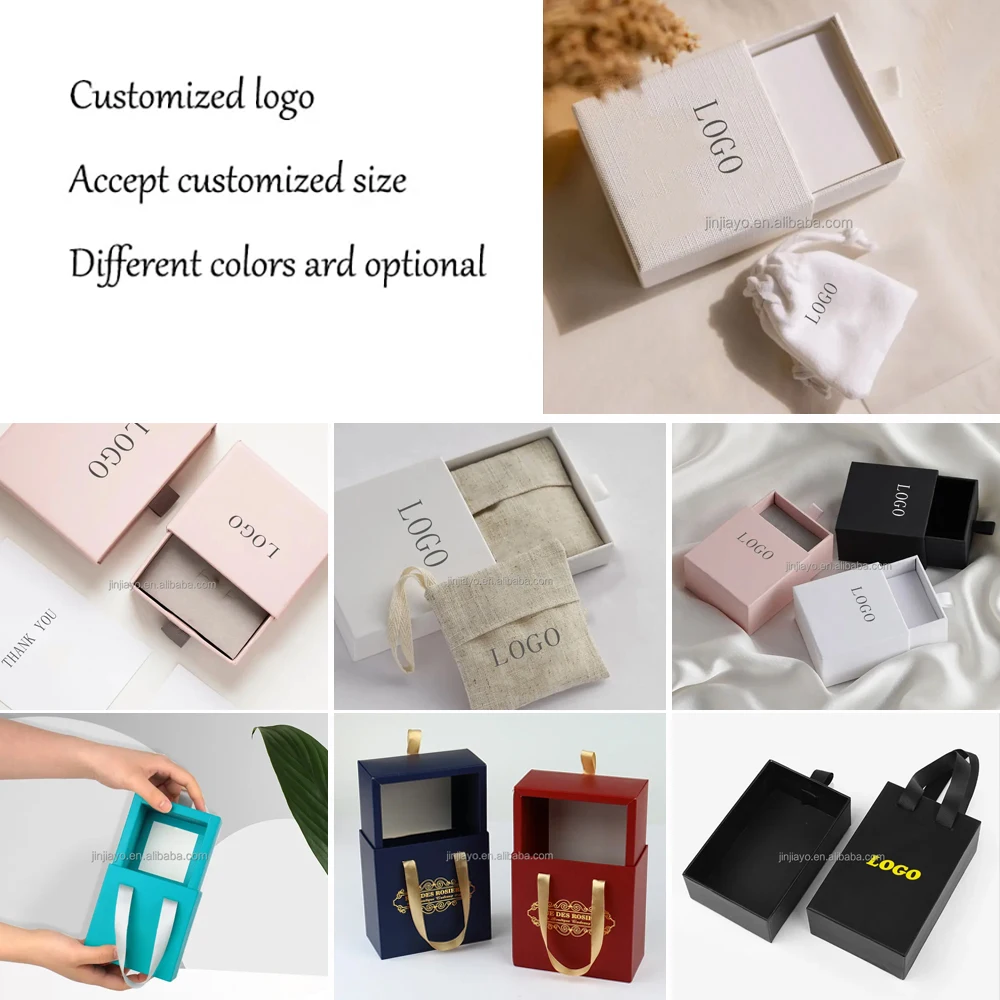 Custom Luxury Jewelry Packaging Box Foil Hot Stamping Logo Sliding Drawer Rigid Paper Box with Ribbon Handle for Gift Box supplier