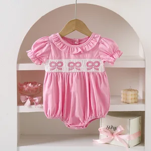 Custom Baby Clothes Shirred Smocked Baby Clothing Casual 100% Cotton Short-Sleeve Doll Collar Embroidered Baby Rompers