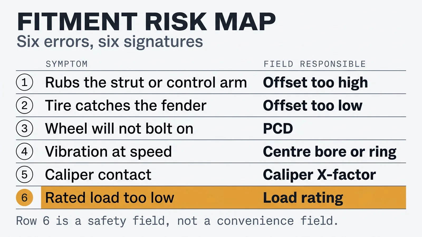 Wheel fitment risk map showing six common errors, their symptoms and the responsible field