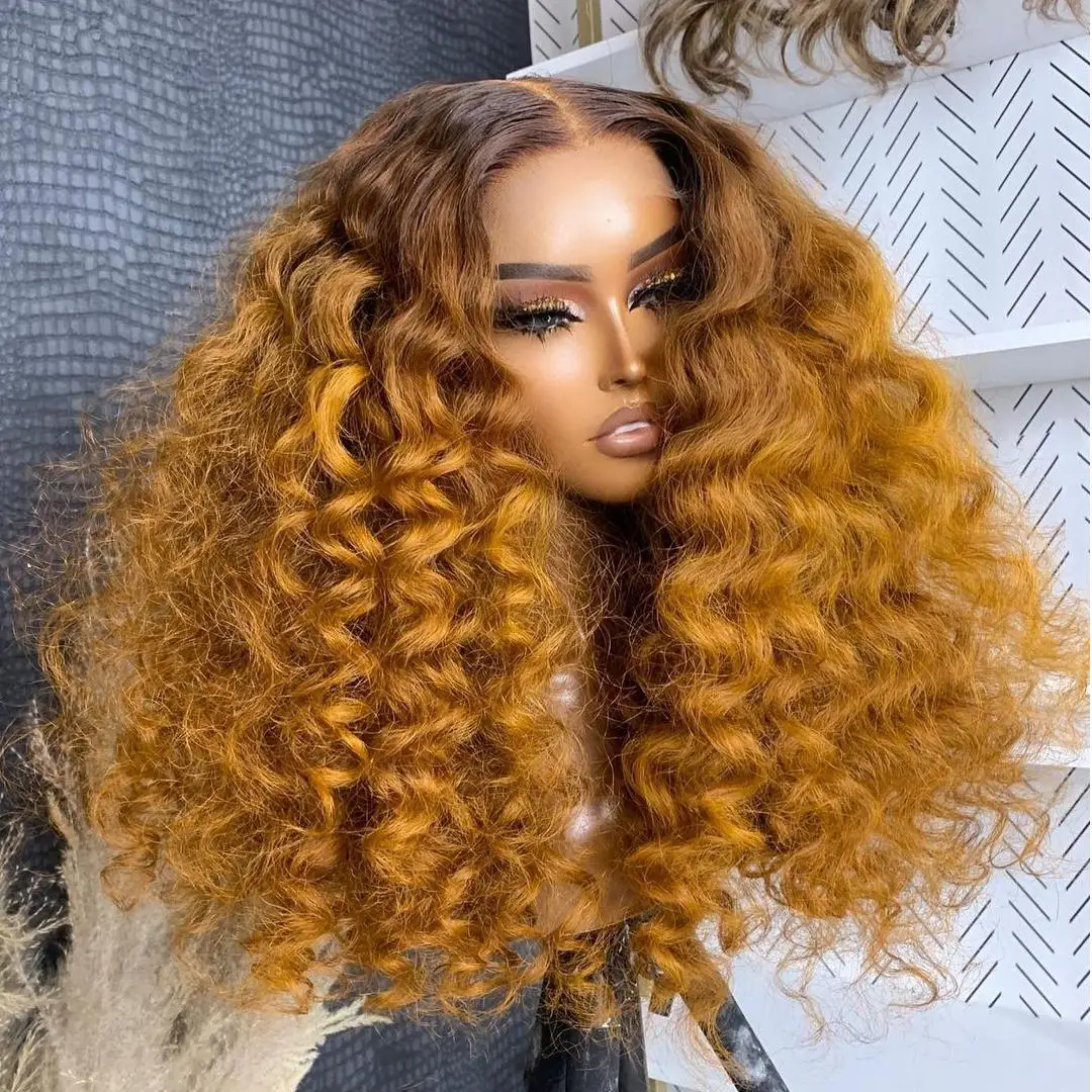 Ombre Ginger Yellow 13x6 Hd Deep Wave Natural Black Loose Curly 13x4 Lace  Frontal Wigs for Women Deep Curly Wave Human Hair Wigs