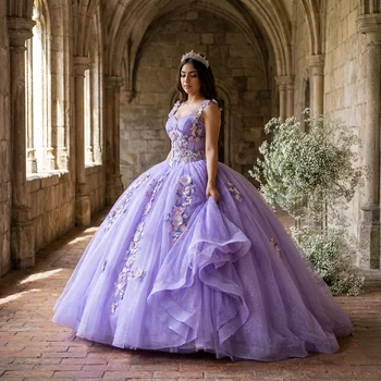 purple dresses for a quinceanera KissProm Off The Shoulder Lavender Tulle Ball Gown Dresses, Lavender / 8 Quinceanera Dresses Designer Luxe Belle Mini Quince Dress