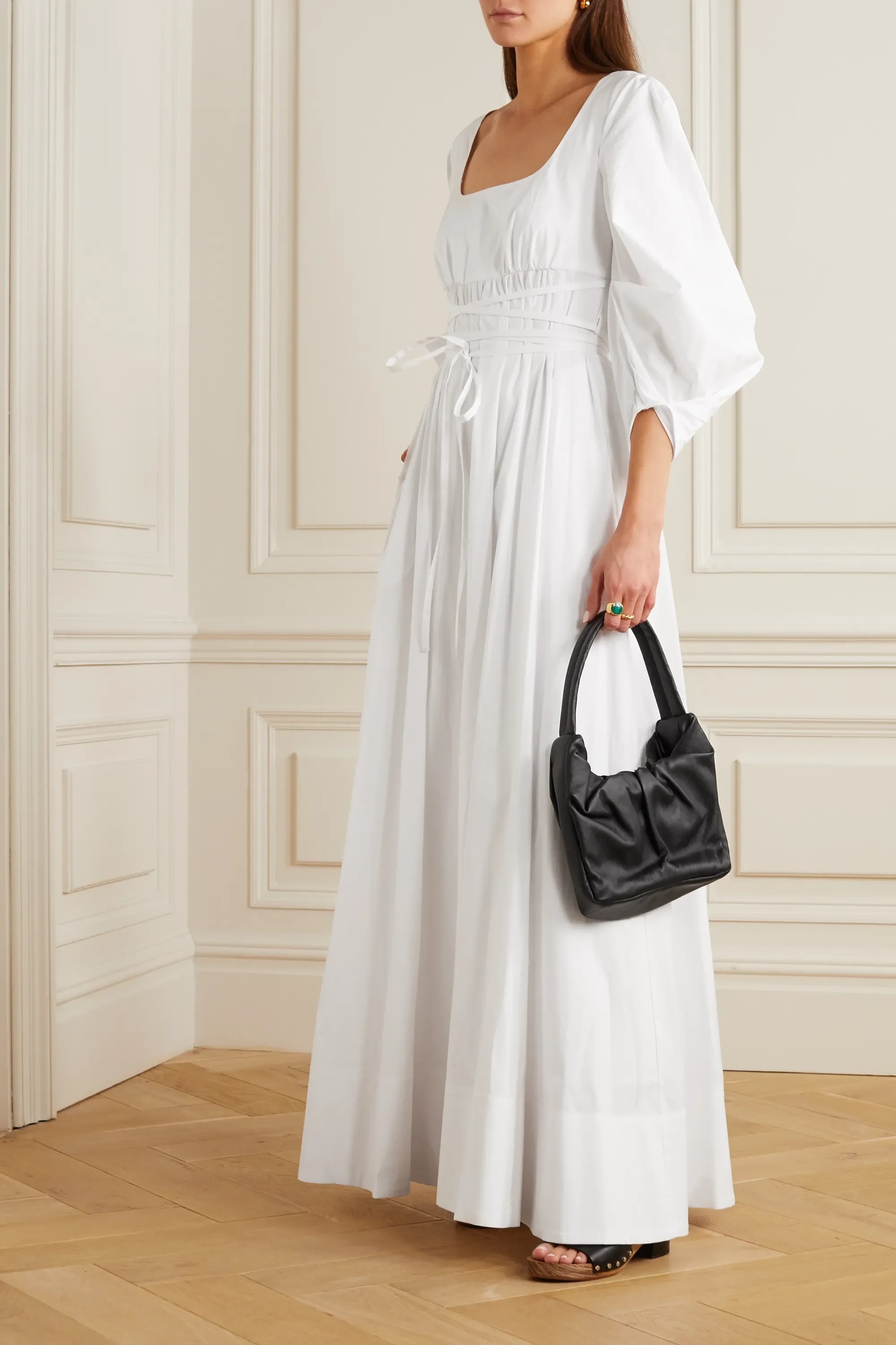 Dames Witte Jurk Stretch-Katoen Poplin Maxi Jurk Half Puffer Mouw Vrouwen  Losse Casual Jurk