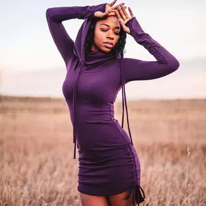Huili Manufacturer High Quality Custom Logo 2025 Designer Women Elegant Stretch Long Hoodie Dress Scrunchie Dress with Cowl Hood