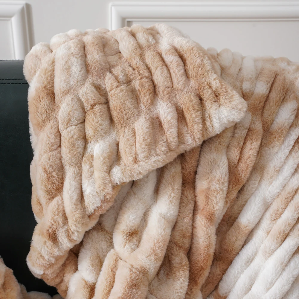 Fluffy Scrunch Warm Elastic Spandex Tie Dye Rabbit Mink Blanket Luxury
