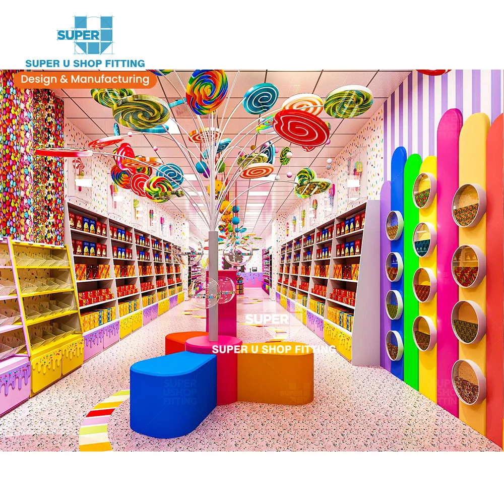 Custom Colorful Confectionery Display Rack Shelf Bespoke Sweets Store Interior Design Modern Candy Shop Decorations