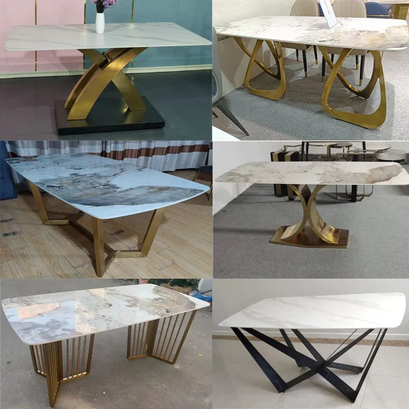 Luxury Grey Marble Top Dining Table Set Rectangle Tables Crushed