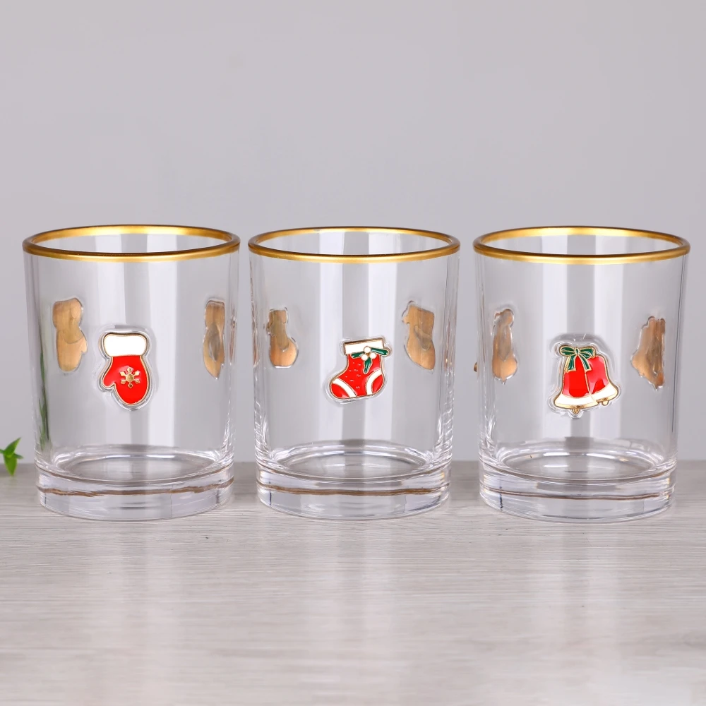 Ready to Ship Christmas Fruit Raised 3D Enamel Applique Motif Gold Rim Highball Cooler Double Old Fashioned Rocks Tumbler Glass