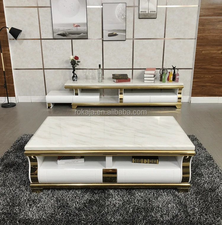 Modern Luxury Marble Coffee Table Tv Set Gold Metal Coffee